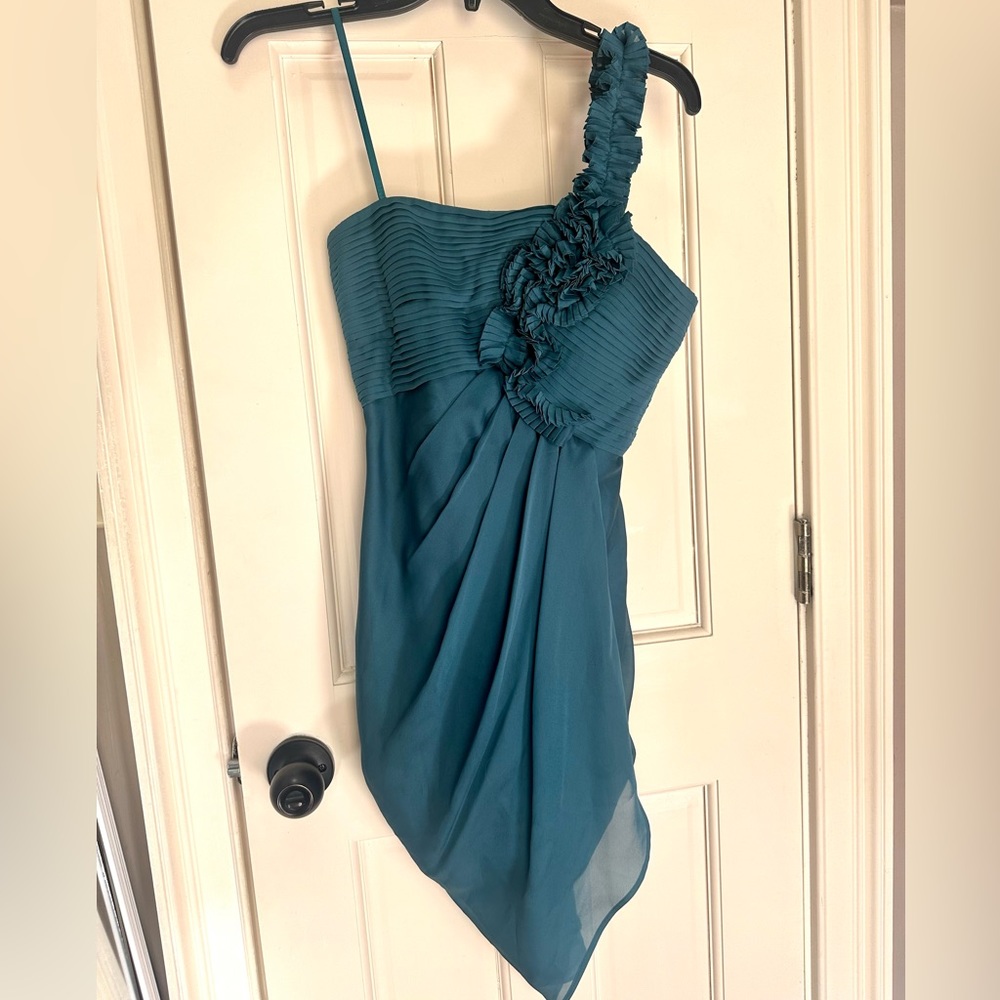 One Shoulder Teal Asymmetric Dress Sz 0